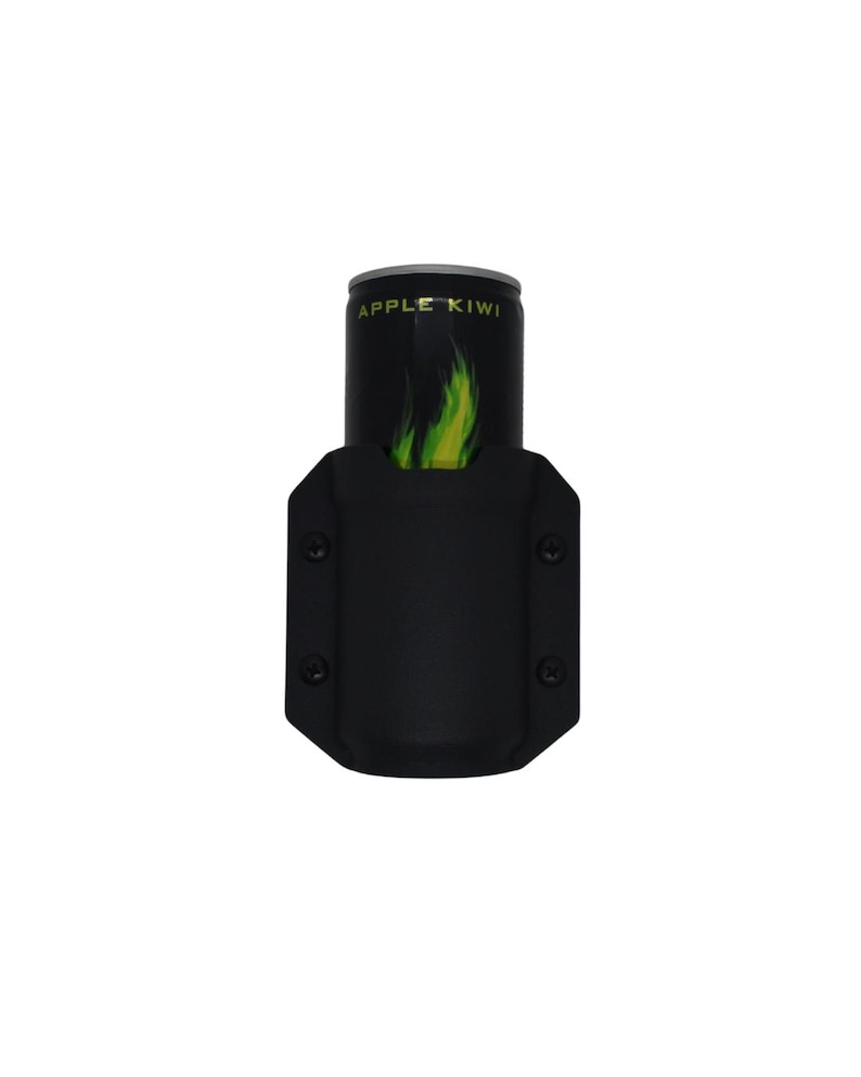 May include: Black drink holder with a cylindrical container inside. The container has the words "APPLE KIWI" in white and a green and yellow flame design. The drink holder has a rectangular shape with rounded edges and four screws.