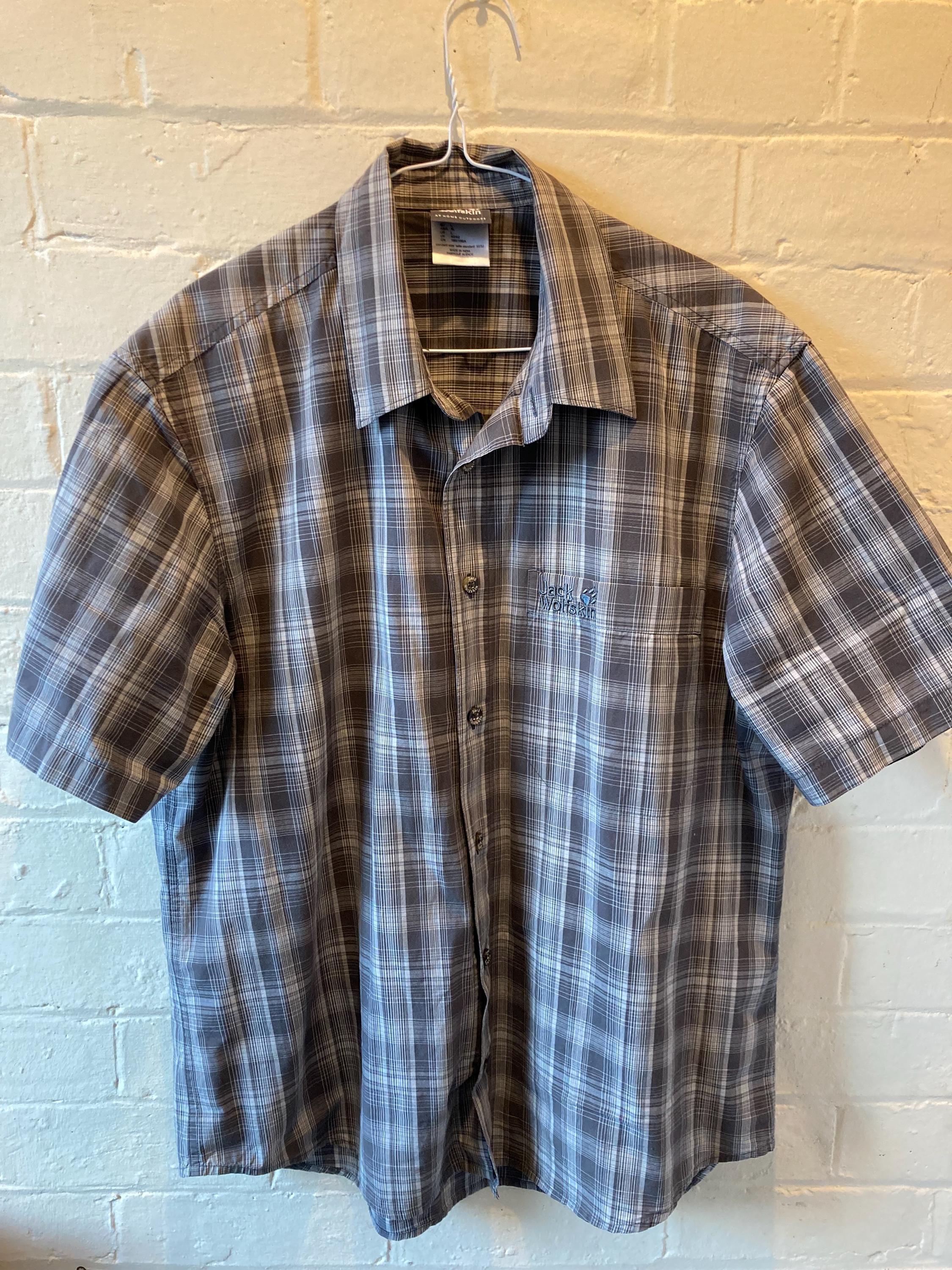 Jack Wolfskin Organic Cotton Check Shirt - Mens Large - Walking Hiking - Vintage Short sleeve