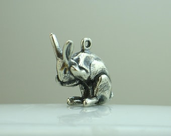 Solid sterling silver cleaning rabbit pendant with antique patina.