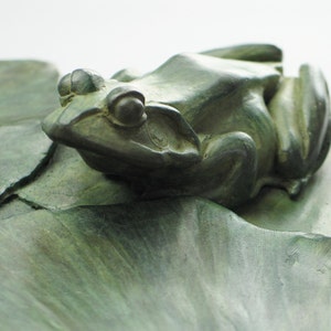 Your Pad or Mine? Bronze Frogs and water lilies sculpture with vert de gris patina