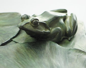 Your Pad or Mine? Bronze Frogs and water lilies sculpture with vert de gris patina