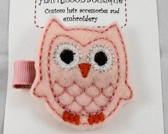 Embroidered Owl Hair Clip  - Pink Owl Hair Clip - Felt Clip