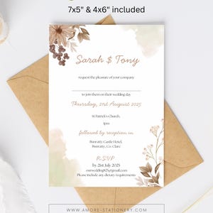 Invitación de boda floral de 12,7 x 18,2 cm y 10 x 15 cm / Detalles al dorso / Editable / Imprimible / Plantilla / Descarga digital / Tarjeta de invitación / 2 tamaños