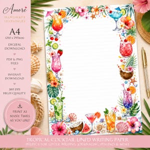 May include: A4 size lined writing paper featuring a watercolor border of tropical cocktails, hibiscus flowers, palm leaves, seashells, and starfish. The design includes various colorful drinks in glasses, fruit slices, and berries on a white background.