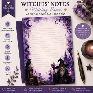 Puede incluir: Papel de carta digital A5 titulado Witches' Notes con un borde de acuarela morado, una luna creciente, estrellas, un cuervo sobre libros, una calavera y un mago con un bastón y un orbe brillante. Incluye formatos de archivo PDF y PNG.