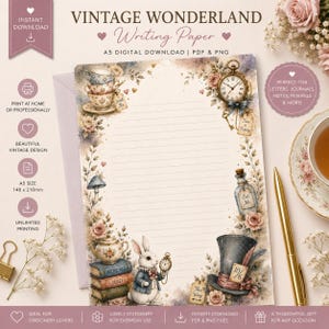 Könnte beinhalten: Digitales A5-Schreibpapier mit einem vintage-inspirierten Rand, verziert mit Illustrationen von Teetassen, einer Taschenuhr, einem Pilz, einer Glasflasche, einer Teekanne, einem Kaninchen und einem Zylinder, inklusive horizontaler Linien.