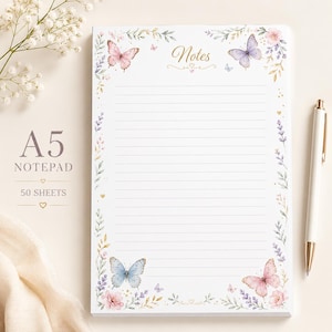 Notitieblok met vlindermotief (A6/A5): Cottagecore-design, 50 afscheurbare vellen.
