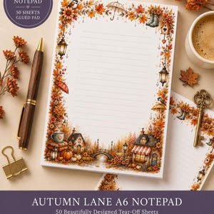 Autumn Lane A6 A5 Notepad: Cottagecore Fall Leaves Design, 50 Tear-Off Sheets