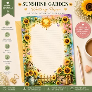 May include: A digital A5 writing paper template featuring a central lined area framed by sunflowers, butterflies, a smiling sun, a wooden birdhouse, and a wooden crate. The design includes the text SUNSHINE GARDEN Writing Paper A5 DIGITAL DOWNLOAD.