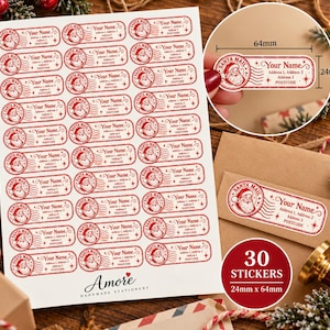 May include: A sheet of 30 rectangular red and white Santa Mail stickers, each measuring 64mm by 24mm. The stickers feature a graphic of Santa Claus, wavy postal lines, and text fields for a name, address, and postcode, with a star accent.