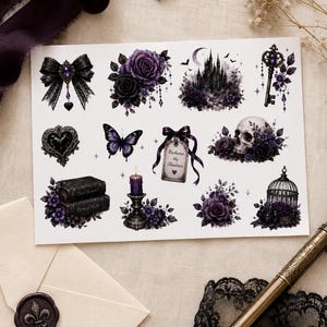 Mattes Stickerblatt „Verzauberte Schatten“ im Gothic-Stil, Dark Academia, Hexen-Look, Basteln