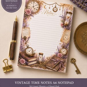 Vintage tijd A6 of A5 notitieblok | Kantoorbehoeften Dark Academia, Witchy Clock | 50 gelinieerde vellen