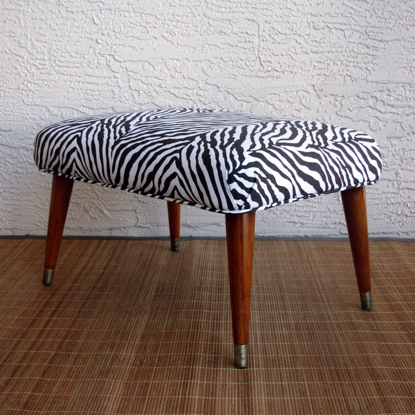 Mid Century Vintage Footstool newly upholstered in ZEBRA Print