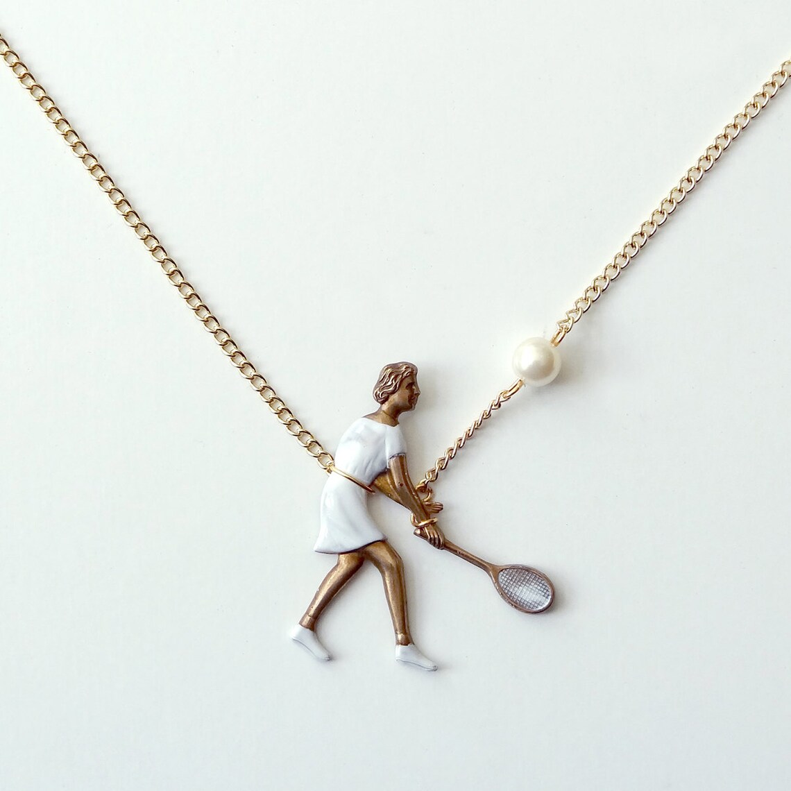 Smashing Tennis Player Necklace Enamelled on Vintage Brass With Pearl