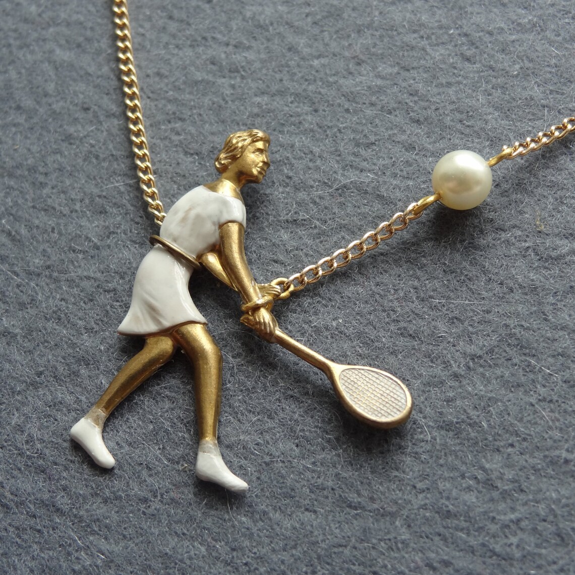 Smashing Tennis Player Necklace Enamelled on Vintage Brass With Pearl