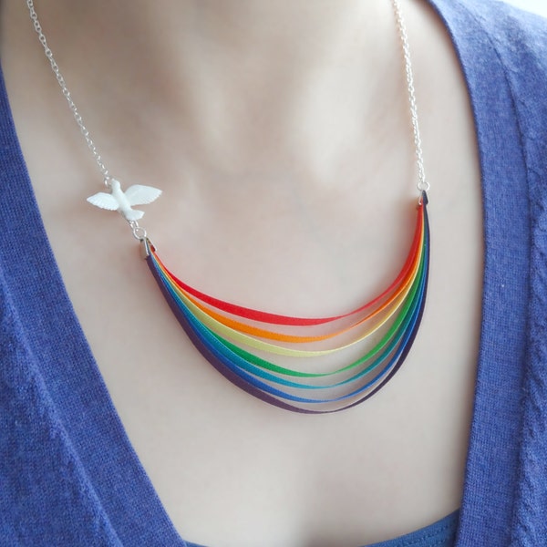 Here Comes the Sun - rainbow, dove and last drop of rain - NECKLACE - Made to order