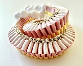 ORIBBON woven ribbon necklace Pink Yellow Gold with beaded magnetic closure