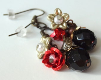 Roxanne - secret garden series red roses and black earrings with vintage parts