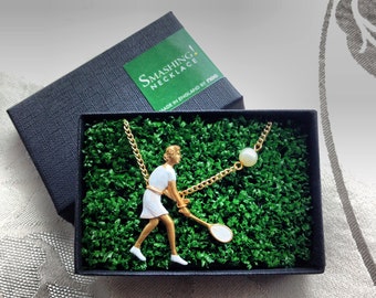 Smashing Tennis Player Necklace  - enamelled on vintage brass with pearl