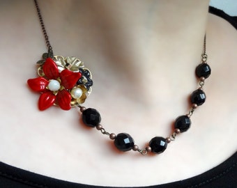 Roxanne  - secret garden series black and red tango coloured necklace with vintage parts