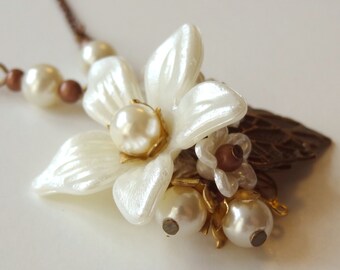 Lily pendant necklace  - secret garden series pearls and antique vintage flower parts