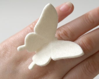 BUTTERFLY RING - 100% wool felt -  Snow White - large swallowtail