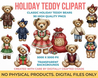 Christmas Teddy Bear Clipart Bundle | Vintage Holiday PNGs (Digital Download)