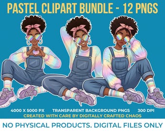 Preppy Girl Clipart Bundle | Trendy Rainbow Pastel Aesthetic PNGs | Cute Black Girl Character Stickers, Planners & Crafting, Sublimation DTF