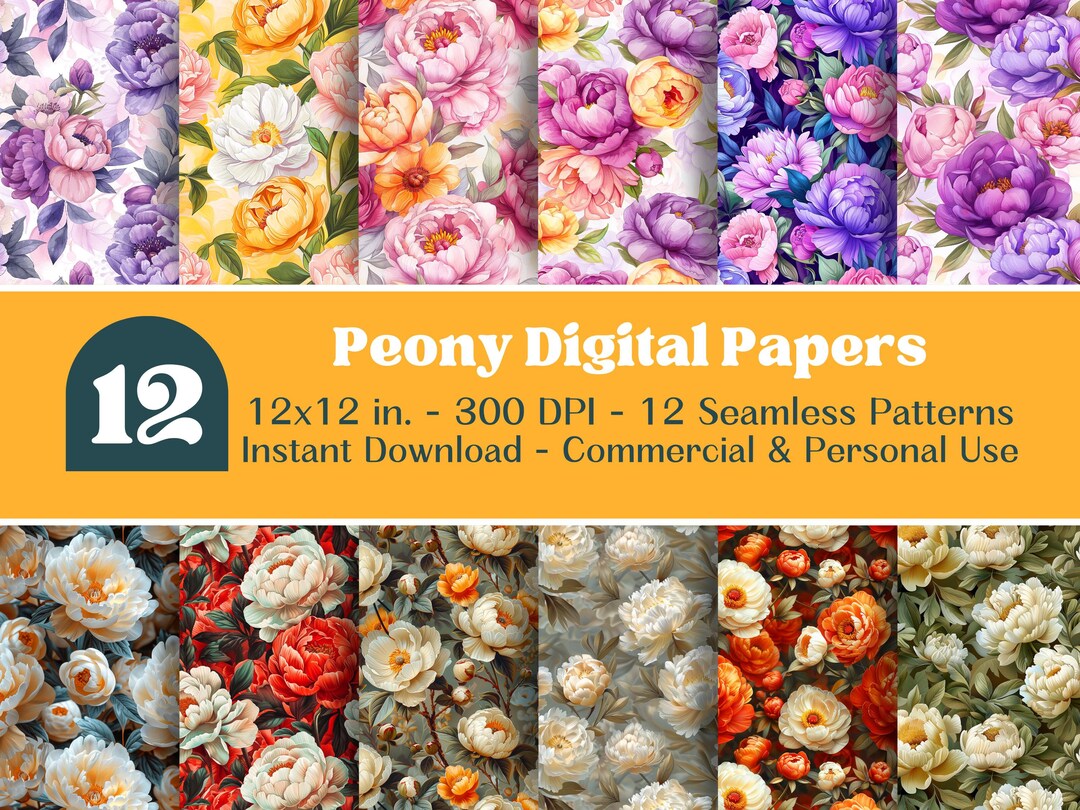 12 Peony Digital Papers Pack, 12x12 Seamless Patterns, High Quality ...