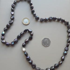Long Black Baroque Freshwater Pearl Necklace with a couple of Sterling Silver Nuggets