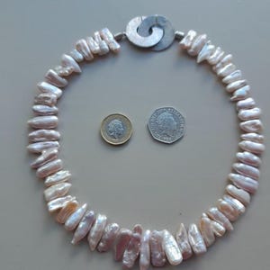 Large Soft Pink Biwa Pearl Necklace With Sterling Silver Designer Clasp