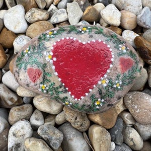 Hand painted love heart floral design rock art painted pebble painted stone painted rock