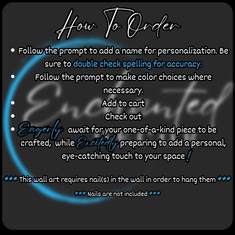 Puede incluir: Texto en blanco y negro sobre un fondo oscuro con reflejos azules. El texto dice "C&oacute;mo ordenar" e incluye instrucciones para personalizar y comprar una pieza de arte de pared personalizada. El texto tambi&eacute;n indica que los clavos no est&aacute;n incluidos.
