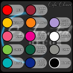 Puede incluir: Tabla de selecci&oacute;n de colores con 15 opciones de colores diferentes. Los colores est&aacute;n dispuestos en cinco filas de tres colores cada una. Los colores son rojo, rojo oscuro, amarillo, naranja, morado claro, rosa, rosa oscuro, blanco, verde, verde oscuro, gris, azul, azul oscuro y negro.