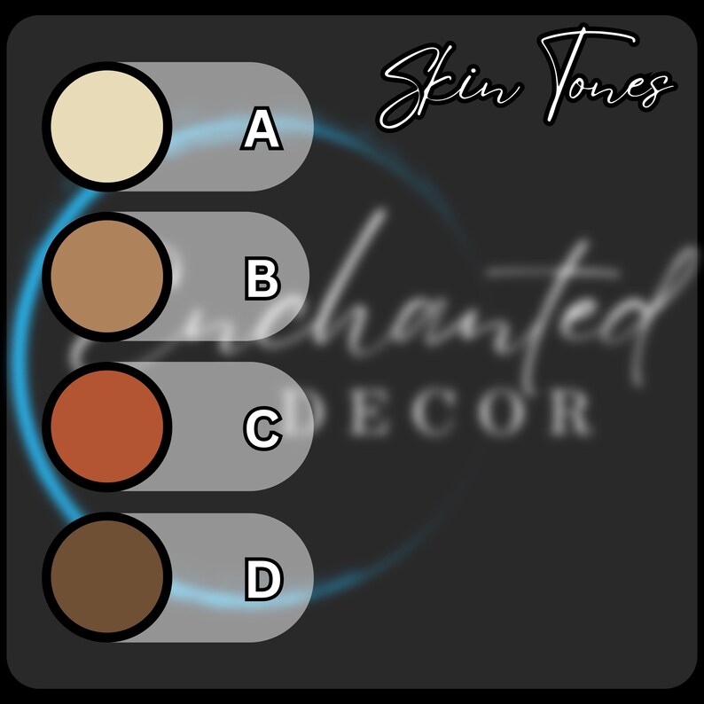 Puede incluir: Un gr&aacute;fico con cuatro tonos de piel diferentes etiquetados como A, B, C y D. El gr&aacute;fico se titula "Tonos de piel" y es de la empresa "Enchanted Decor".
