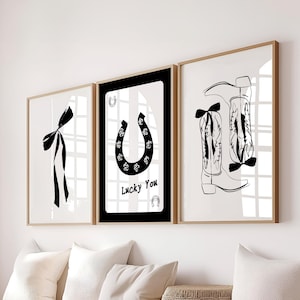 Set of 3 Cowgirl Boot Coquette Bow Black White Wall Art Print, Dorm Minimalist Cute Neutral Feminine Western Preppy Digital Download Prints