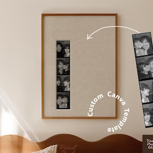 May include: A framed photo print featuring a series of black and white images of people. The frame is a light brown color, and the background is a neutral beige. The text "Custom Canva Template" is visible.