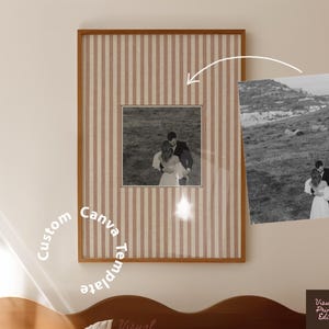 May include: A framed print with a black and white photograph of a couple. The frame has a striped beige and white background. The words "Custom Canva Template" are in a curved design.