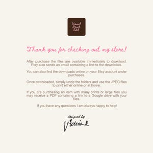 May include: A beige background with text in pink and black. The text reads "Thank you for checking out my store!" and provides instructions for downloading files after purchase. The logo "Visual Print Edit" is in the top left corner.