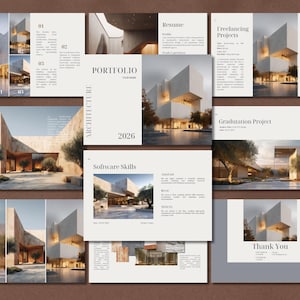 May include: A multi-page architecture portfolio template featuring a clean layout with white backgrounds, serif typography, and various sections including Resume, Freelancing Projects, Graduation Project, and Software Skills, showcasing modern building designs.