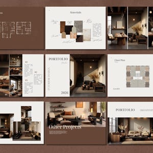 Könnte beinhalten: Eine digitale Portfolio-Vorlage für Innenarchitektur mit mehreren Seiten, Grundrissen, Material-Moodboards und hochwertigen Raumdarstellungen. Das Layout verwendet ein braun-weißes Farbschema mit Textüberschriften wie Floor Plan, Materials und Portfolio 2026.