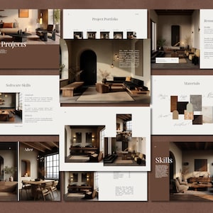 Könnte beinhalten: Eine digitale Portfolio-Vorlage mit mehreren Folien, die Innenarchitektur-Fotografien, Textüberschriften wie Project Portfolio, Resume und Materials sowie eine braune Farbpalette zeigen. Das Layout enthält Raumbilder, Skill-Listen und Materialmuster.