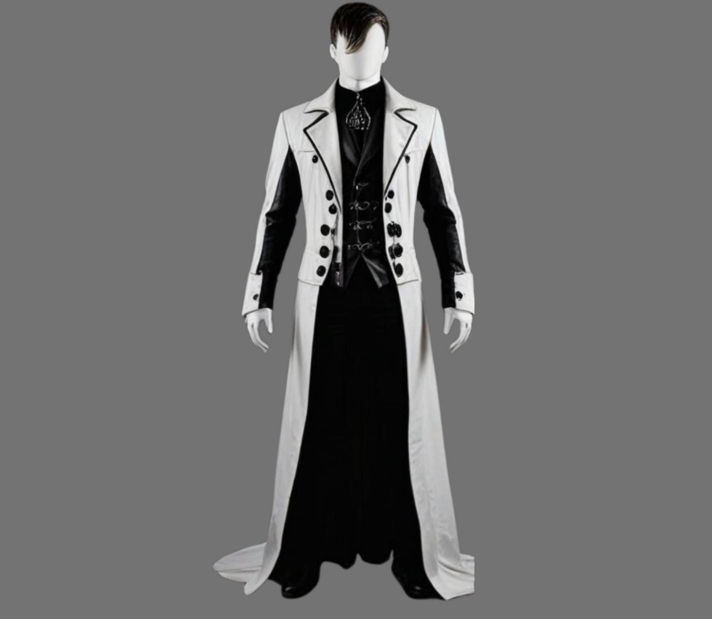 Men's Black and white Leather Long Coat - Genuine Leather Real Trench Coat - Men's Long Gothic Coat -Stylish Halloween Costume- Gift For Him