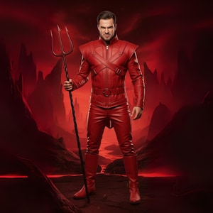 Może przedstawiać: Osoba w czerwonym skórzanym stroju, w tym kurtce, spodniach i butach, trzyma czarny trójząb. Tło to ognisty czerwony krajobraz z górami. Strój ma pasek i paski krzyżowe.