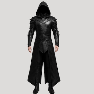 Black Crocodile Texture Gothic Knight Coat| Medieval Warrior Genuine Leather Trench Coat| LARP Dark Cosplay Hooded Coat Costume.