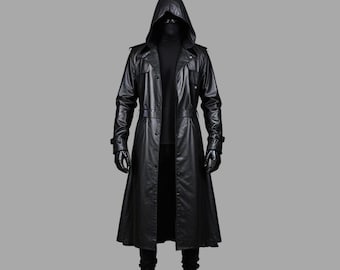 Real Leather Trench Hooded  Coat , Handmade Black Men  Winter Coat - Classic Leather Duster Coat - Men Hooded Long Coat - Gift For Him