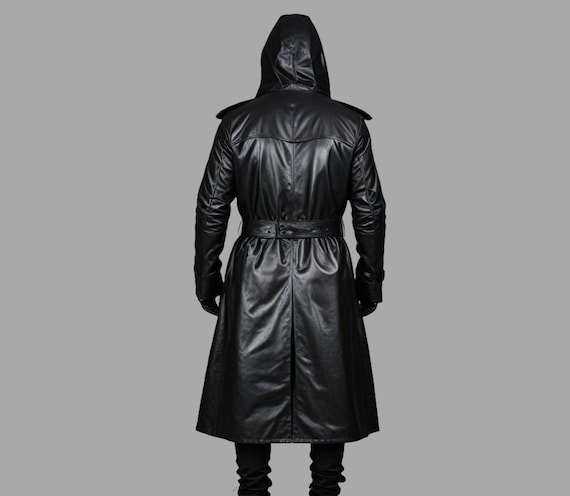 Handmade Real Leather Hooded Trench Coat: Black Duster Winter Coat