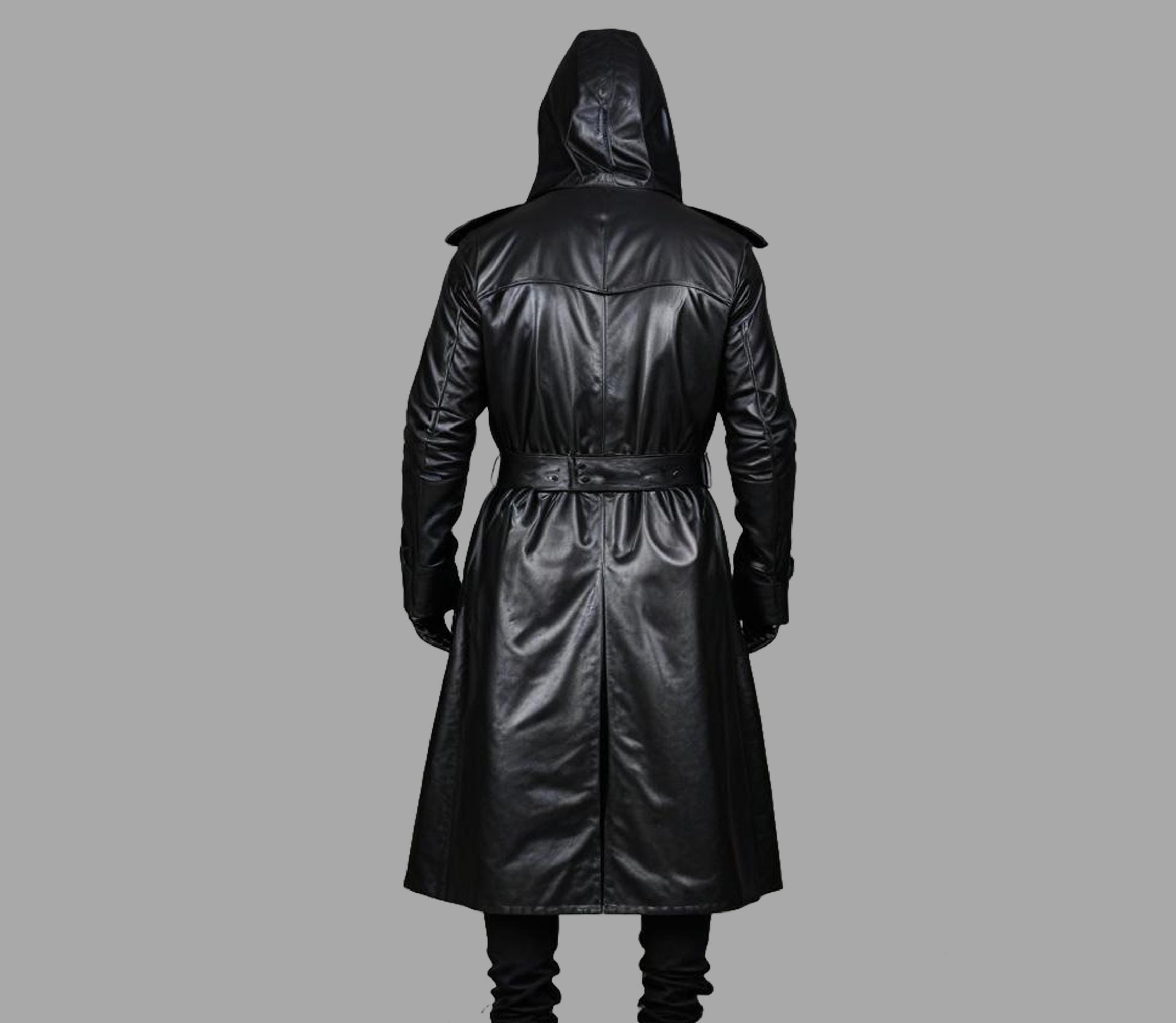Real Leather Trench Hooded Coat , Handmade Black Men Winter Real Leather Trench Hooded Coat , Handmade Black Men Winter