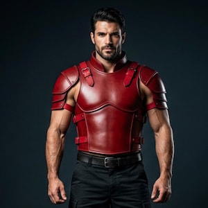 May include: A red leather chest and shoulder armor with buckle details. The armor has a high collar and shoulder pads. The person is wearing a black belt and black pants. The background is a dark blue.