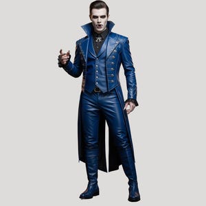 Mens Blue Leather Vampire Dracula Costume Full Set, Genuine Leather Mens Cosplay Outfit, Vampire Style Coat Men, Gift For Him